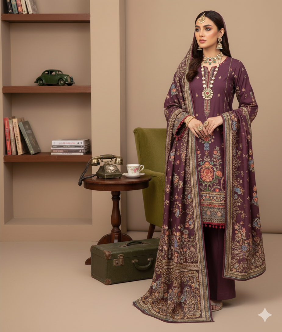 Hooriya Gold Viscose 3 Piece – Plum Floral Heritage Elegance - Khoobsurat