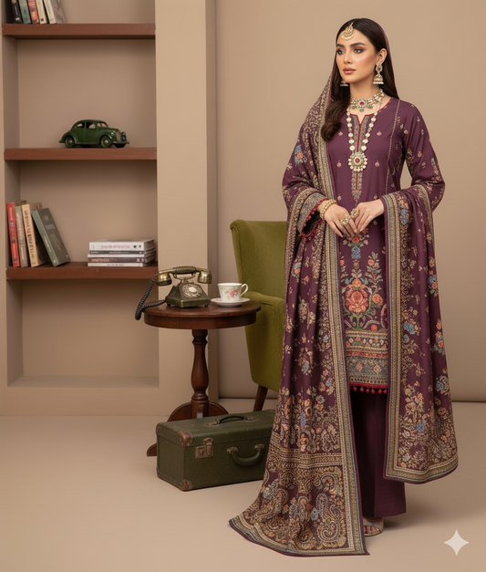 Hooriya Gold Viscose 3 Piece – Plum Floral Heritage Elegance - Khoobsurat