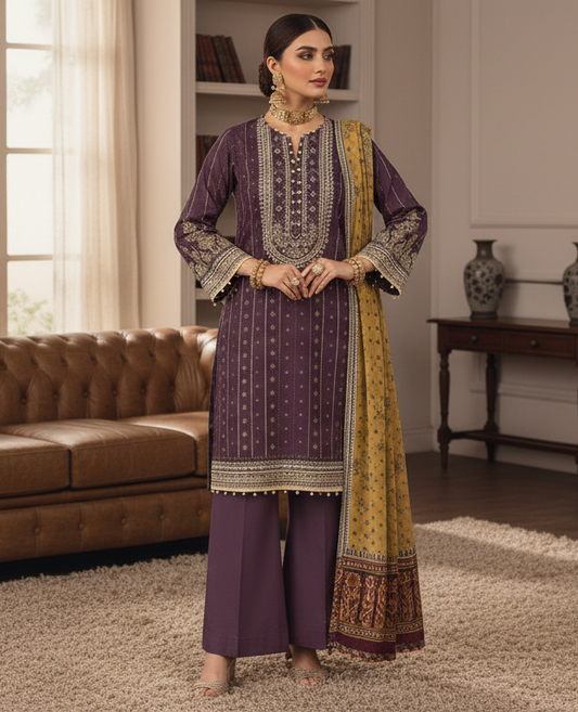 Hooriya Gold Viscose 3 Piece – Royal Purple Classic Charm - Khoobsurat