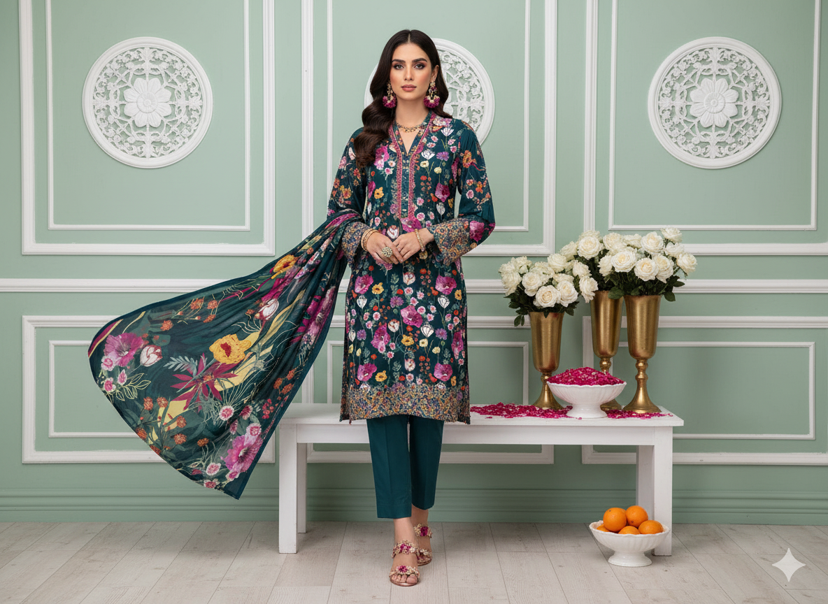 I.J by Hooriya Gold – Midnight Petals 3-Piece Unstitched Viscose Suit - Khoobsurat