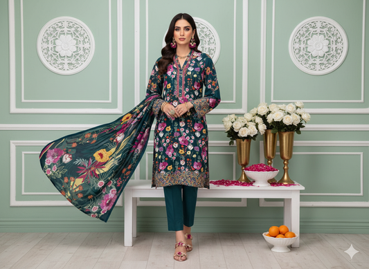 I.J by Hooriya Gold – Midnight Petals 3-Piece Unstitched Viscose Suit - Khoobsurat