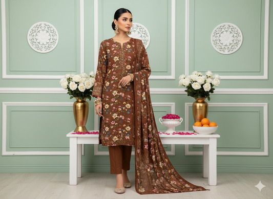 I.J by Hooriya Gold – Mocha Bloom 3-Piece Unstitched Viscose Suit - Khoobsurat