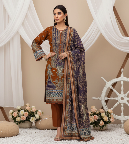Hooriya Gold Viscose 3 Piece – Rust & Plum Festive Majesty - Khoobsurat