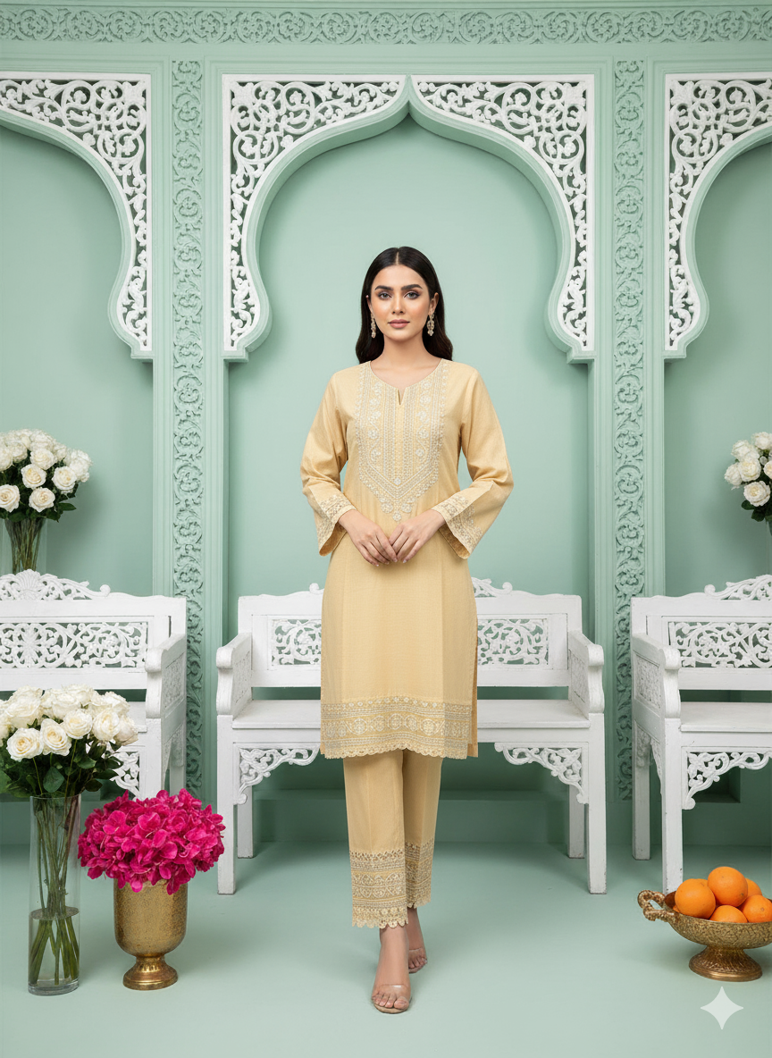 Beige 2-Piece Embroidered Khaddar Suit – Winter Collection - Khoobsurat