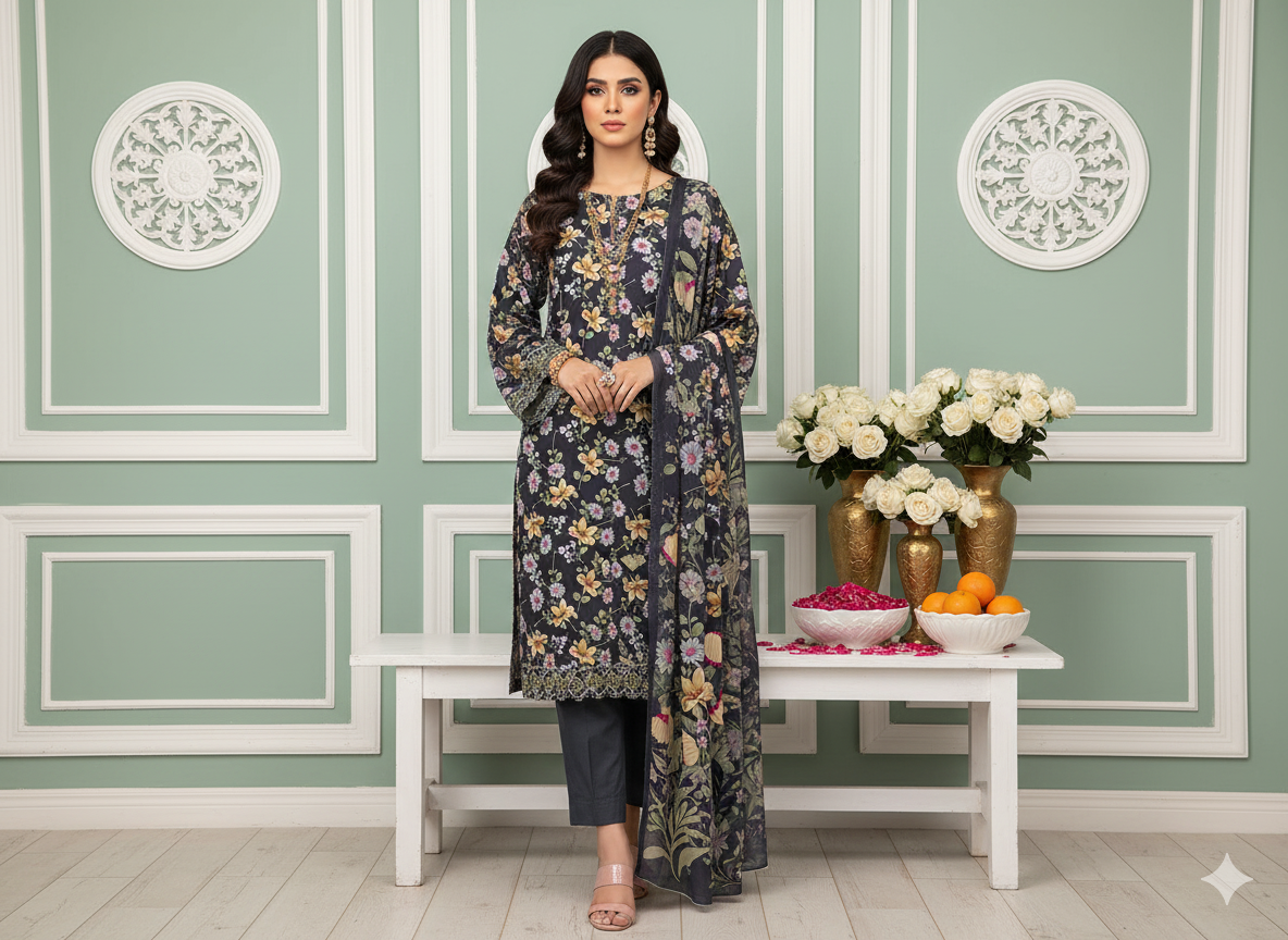 I.J by Hooriya Gold – Charcoal Garden 3-Piece Unstitched Viscose Suit - Khoobsurat