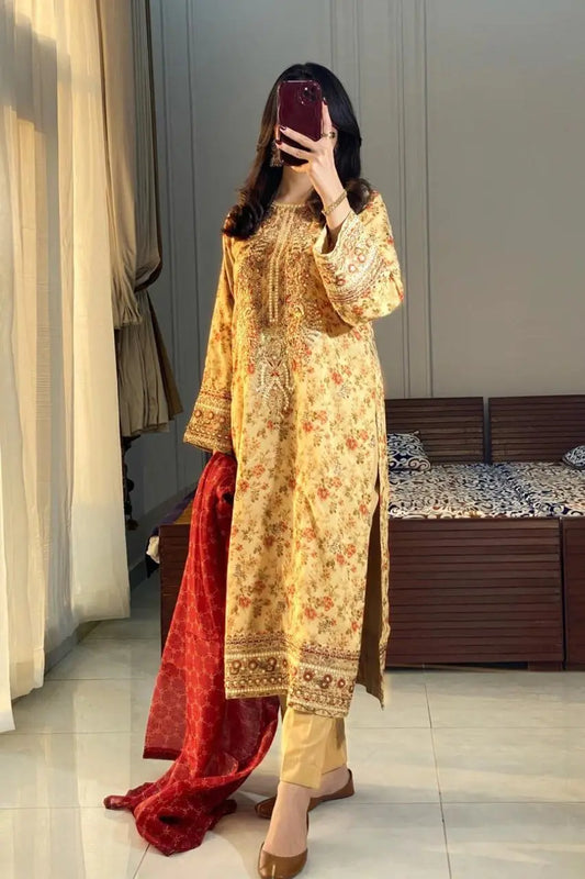 Embroidered Unstitched Lawn 3-Piece – Golden Beige with Maroon Dupatta Khoobsurat