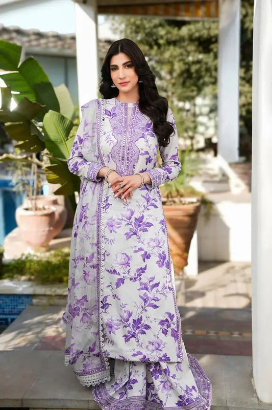 Embroidered Unstitched Lawn 3-Piece – White & Purple Floral Elegance Khoobsurat