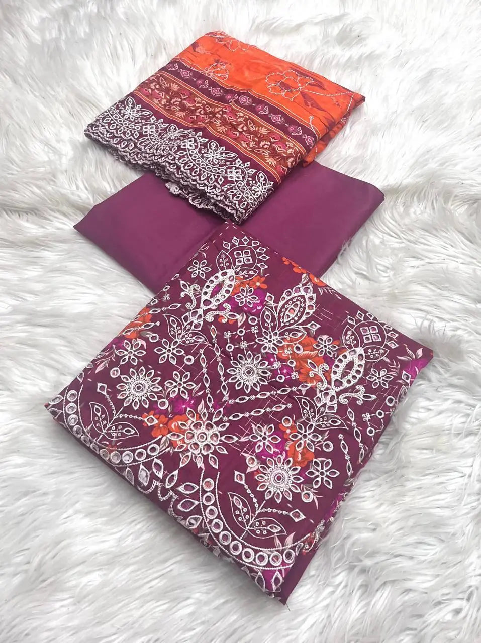 Rawayat Cut Work 3-Piece Suit with Dupatta – Purple & Orange Fusion Khoobsurat