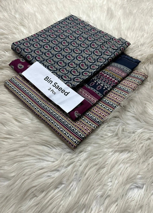 Bin Saeed 3-Piece Lawn Suit – Navy Blue & Maroon Paisley Design Khoobsurat