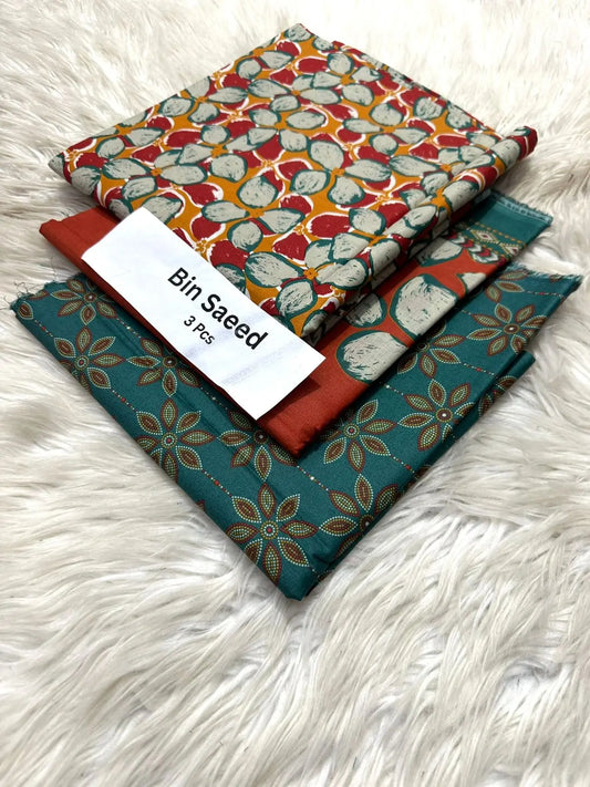 Bin Saeed 3-Piece Lawn Suit – Green & Rust Floral Abstract Design Khoobsurat