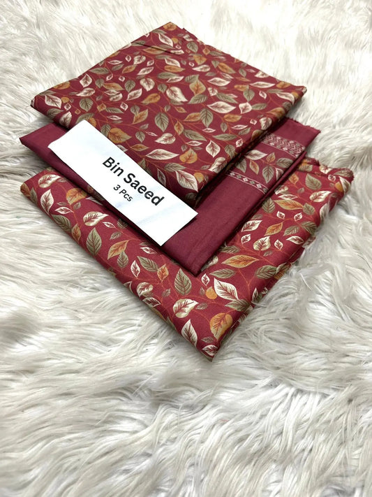 Bin Saeed 3-Piece Lawn Suit – Maroon & Autumn Leaf Print Design Khoobsurat
