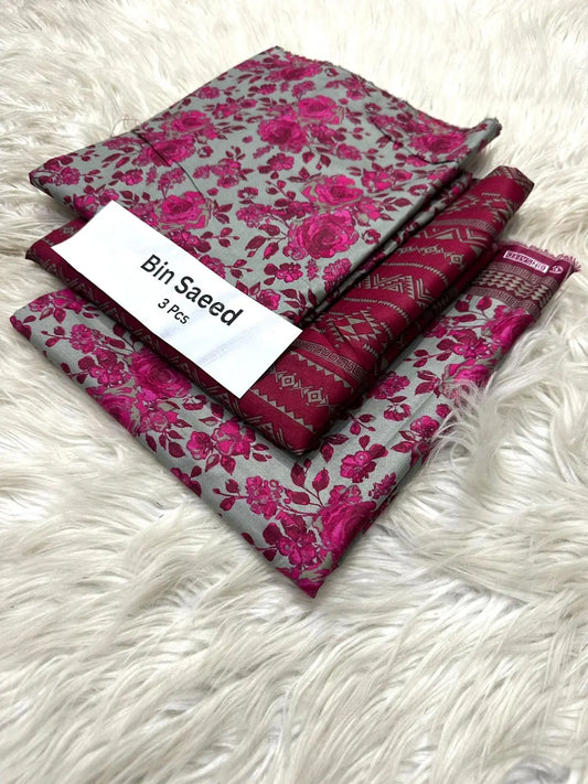 Bin Saeed 3-Piece Lawn Suit – Grey with Pink Floral Print Khoobsurat