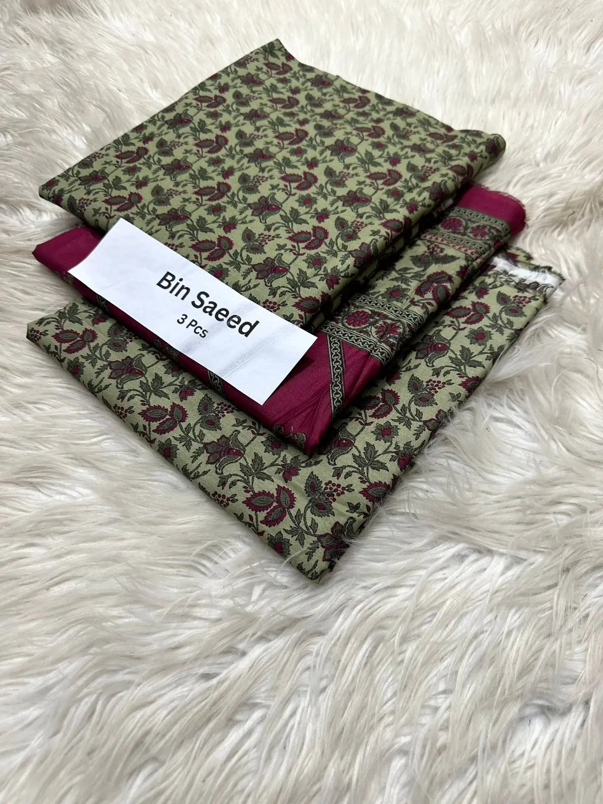 Bin Saeed 3-Piece Lawn Suit – Olive Green with Maroon Floral Print Khoobsurat