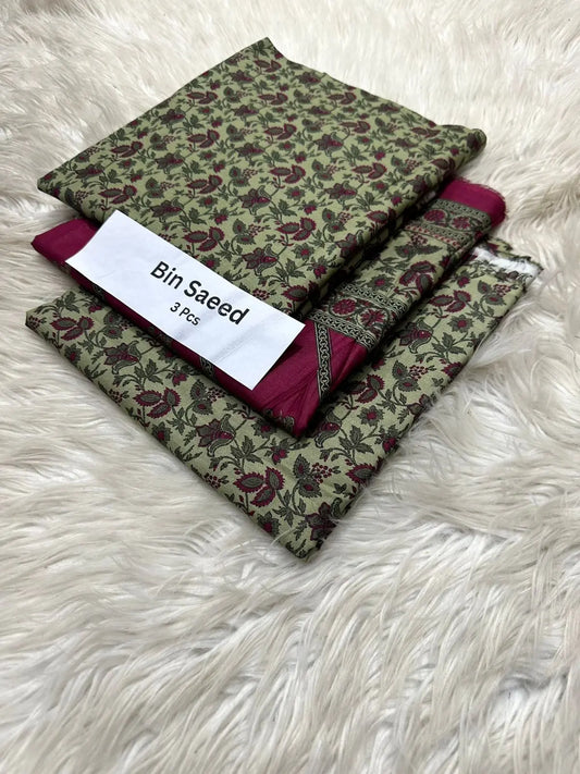 Bin Saeed 3-Piece Lawn Suit – Olive Green with Maroon Floral Print Khoobsurat