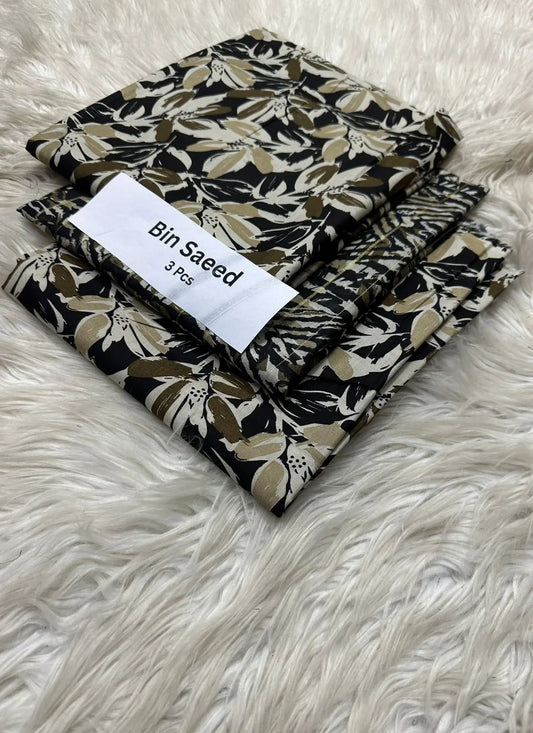 Bin Saeed 3-Piece Lawn Suit – Black & Beige Floral Print Khoobsurat
