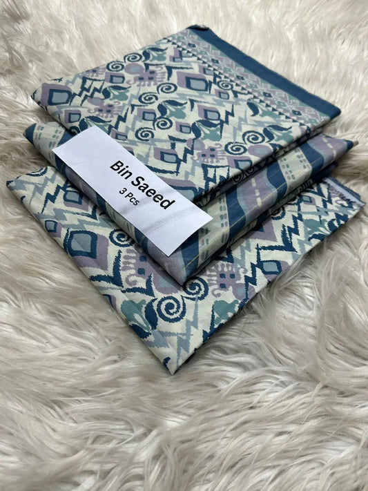 Bin Saeed 3-Piece Lawn Suit – Blue & White Abstract Geometric Print Khoobsurat