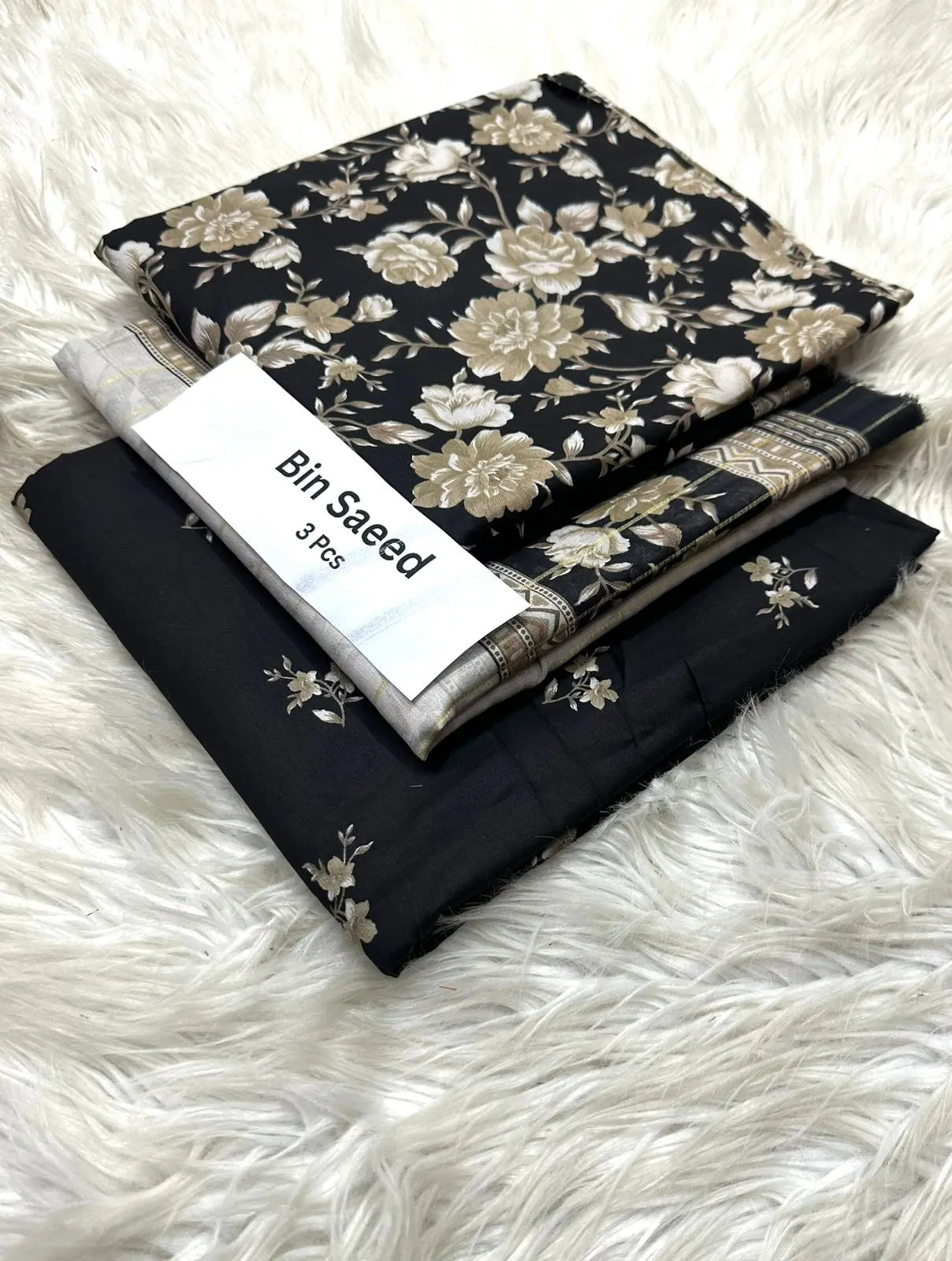 Bin Saeed 3-Piece Lawn Suit – Black with Beige Floral Print Khoobsurat