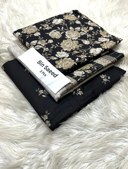 Bin Saeed 3-Piece Lawn Suit – Black with Beige Floral Print Khoobsurat