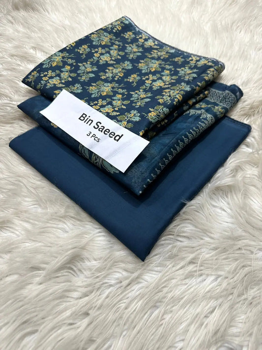 Bin Saeed 3-Piece Lawn Suit – Navy Blue with Yellow Floral Print Khoobsurat