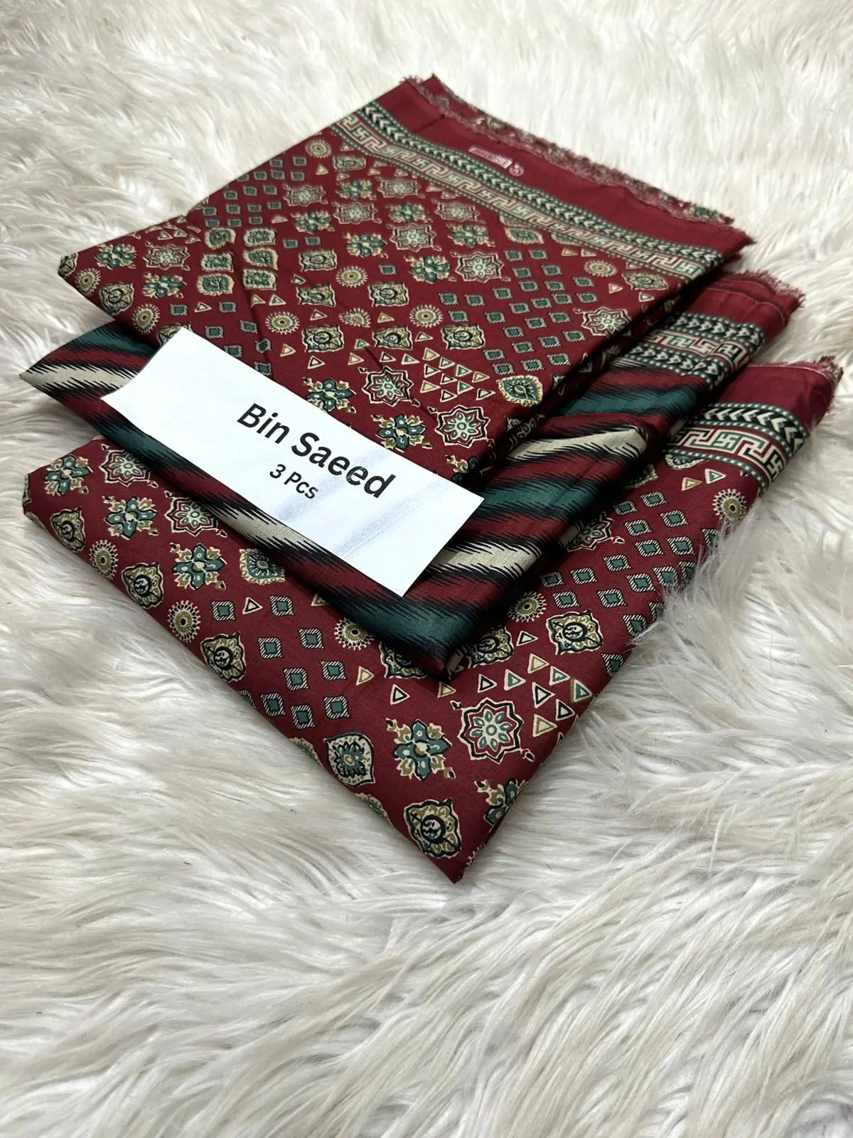 Bin Saeed 3-Piece Lawn Suit – Maroon with Geometric & Floral Motifs Khoobsurat
