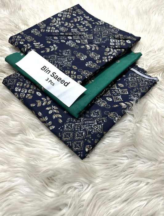 Bin Saeed 3-Piece Lawn Suit – Navy Blue with Silver Geometric Print & Green Contrast Khoobsurat