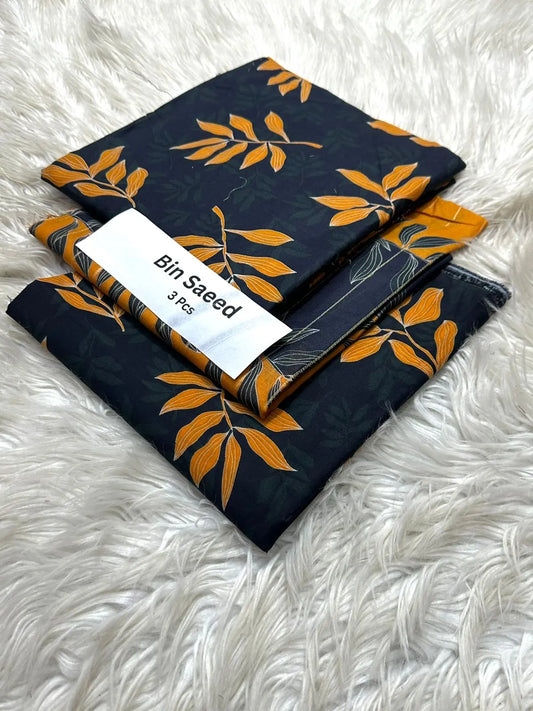 Bin Saeed 3-Piece Lawn Suit – Black with Mustard Leaf Print khoobsurat.store