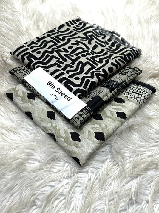 Bin Saeed 3-Piece Lawn Suit – Black & White Abstract Print Khoobsurat