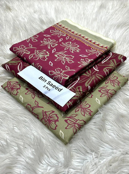 Bin Saeed 3-Piece Lawn Suit – Maroon & Olive Floral Print Khoobsurat