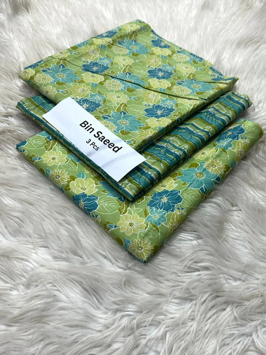 Bin Saeed 3-Piece Lawn Suit – Green with Blue Floral Print Khoobsurat
