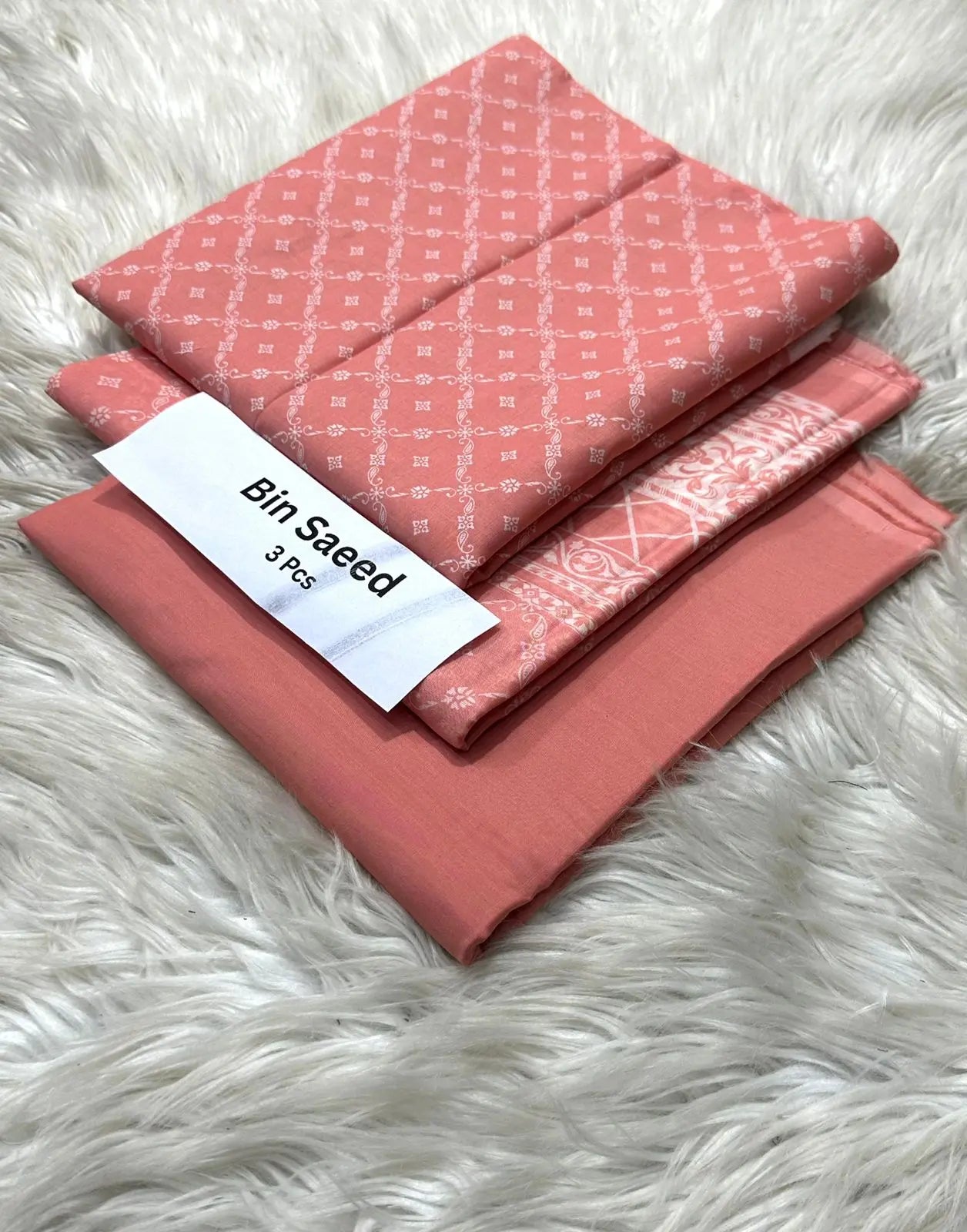 Bin Saeed 3-Piece Lawn Suit – Peach with White Geometric Print Khoobsurat