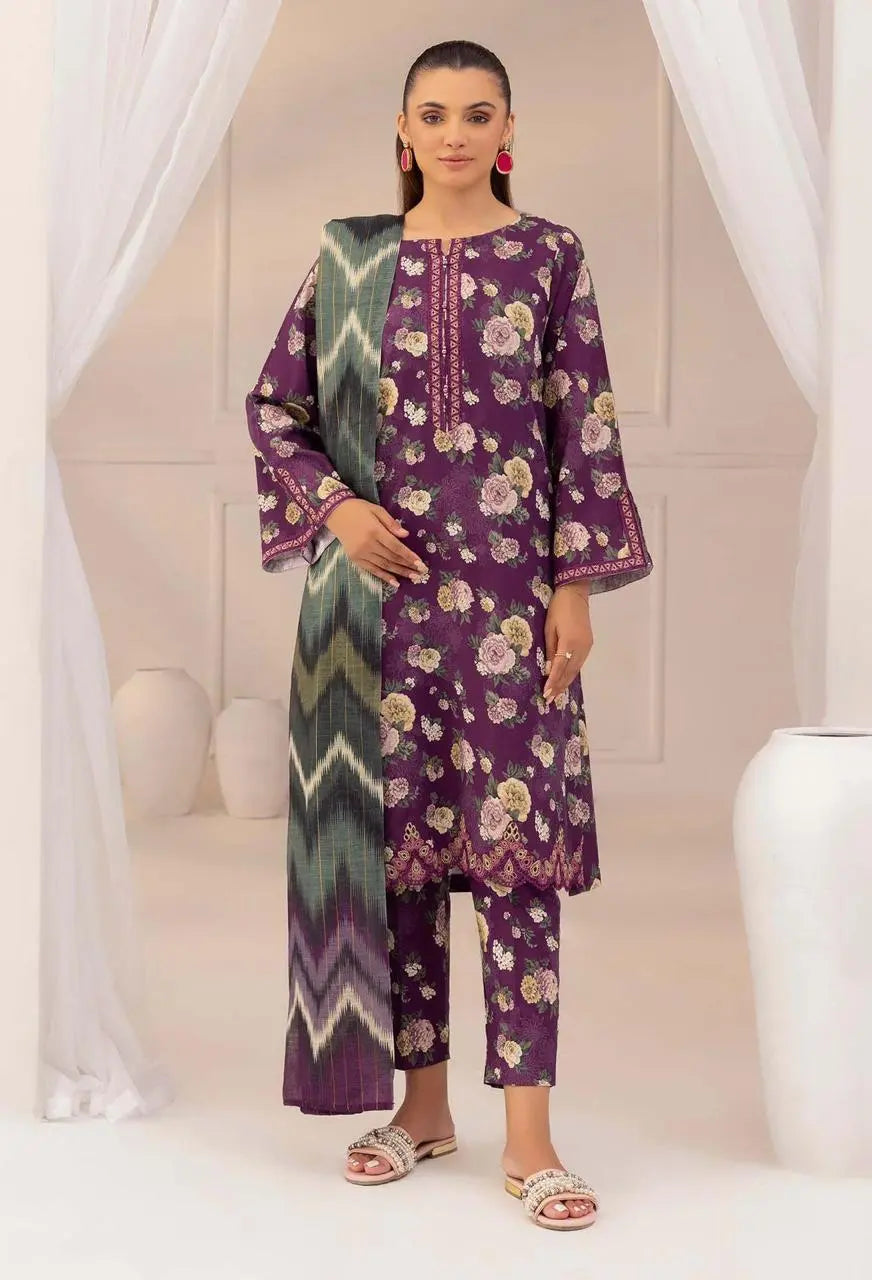 Embroidered Unstitched Lawn 3-Piece – Plum Purple Floral with Contrast Dupatta Khoobsurat