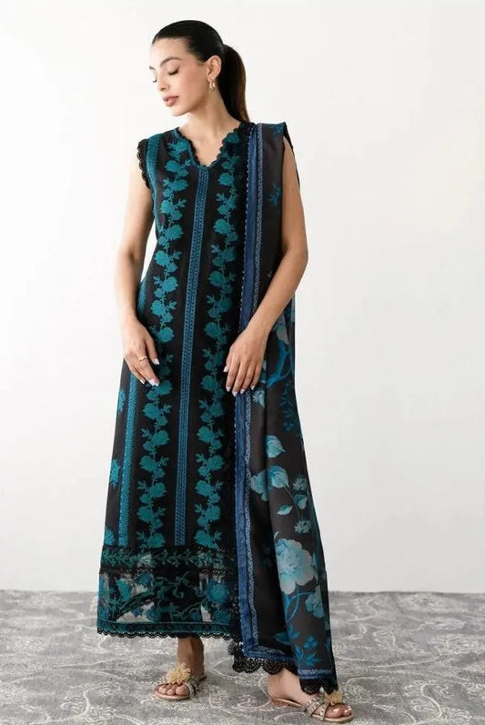 Embroidered Unstitched Lawn 3-Piece – Black & Teal Floral Elegance Khoobsurat