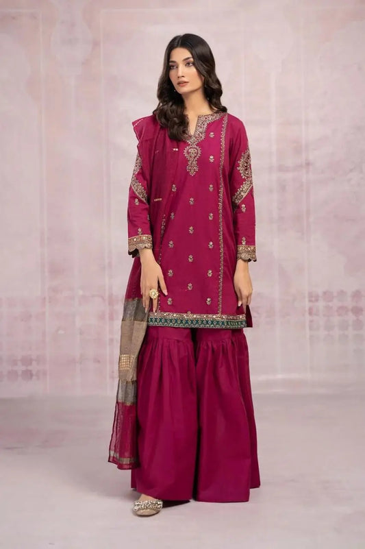 Luxury Embroidered Unstitched 3-Piece – Magenta with Gharara Style Khoobsurat