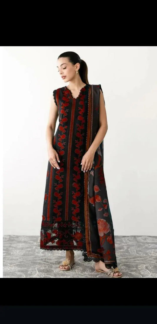 Embroidered Unstitched Lawn 3-Piece – Black & Red Floral Long Dress Khoobsurat