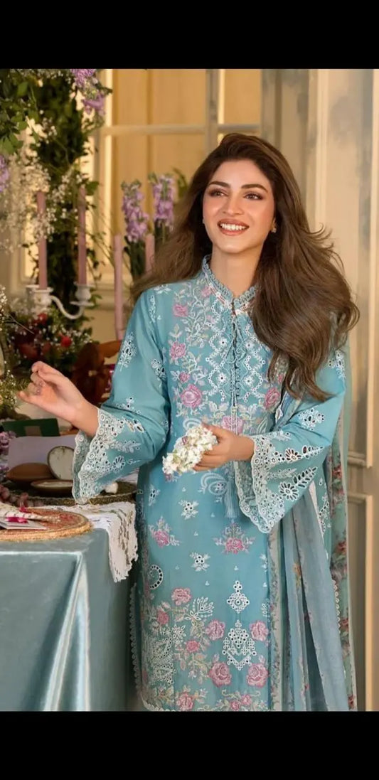 Luxury Embroidered Unstitched 3-Piece – Aqua Blue with Floral Lace Cutwork Khoobsurat