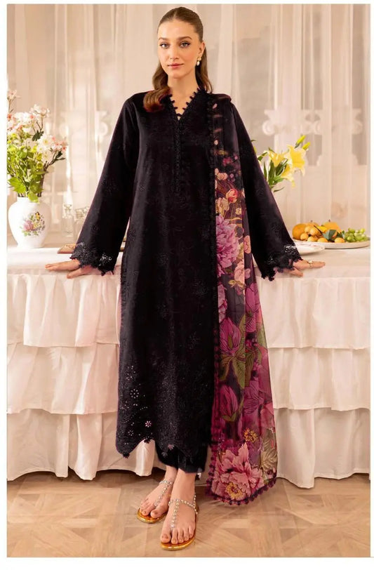 Luxury Embroidered Unstitched 3-Piece – Classic Black with Floral Dupatta Khoobsurat