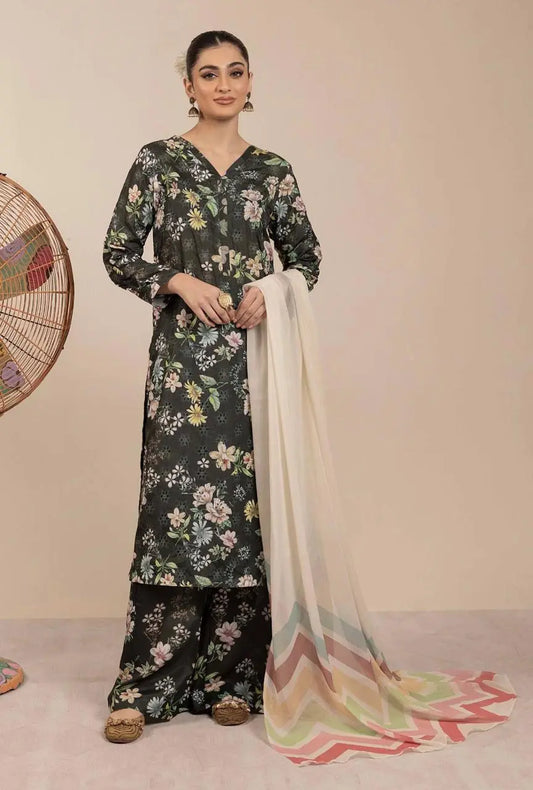 Printed Unstitched Lawn 3-Piece – Black Floral with White Chevron Dupatta Khoobsurat