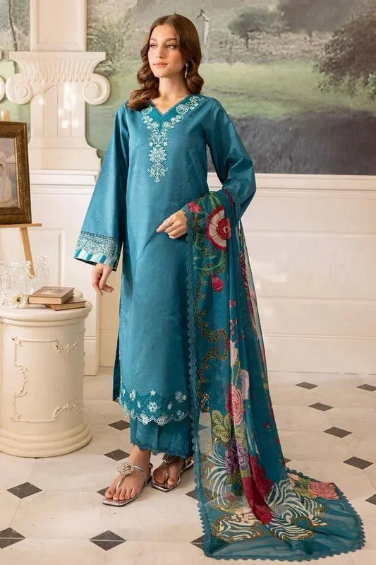 Luxury Embroidered Unstitched 3-Piece – Teal Blue with Vibrant Floral Dupatta Khoobsurat