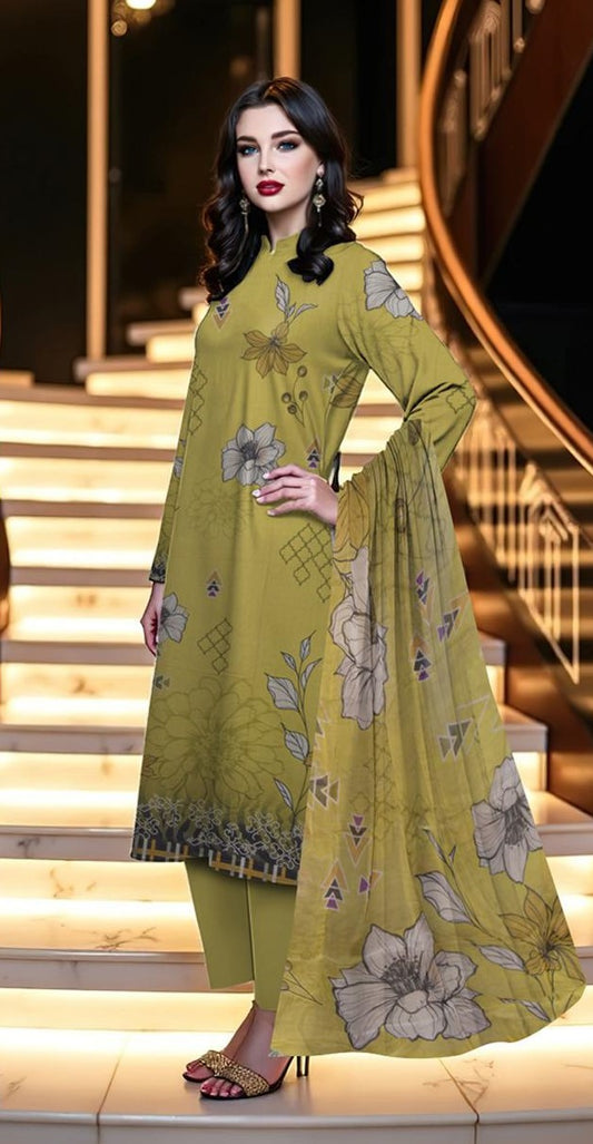 Baroque 3-Piece Viscose Suit – Olive Floral Luxe - Khoobsurat
