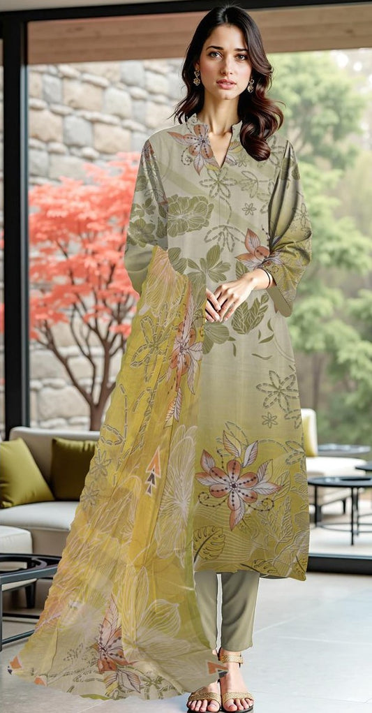 Baroque 3-Piece Viscose Suit – Light Olive Botanical - Khoobsurat