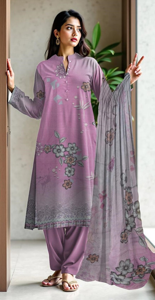 Baroque 3-Piece Viscose Suit – Dusty Mauve Floral Grace - Khoobsurat