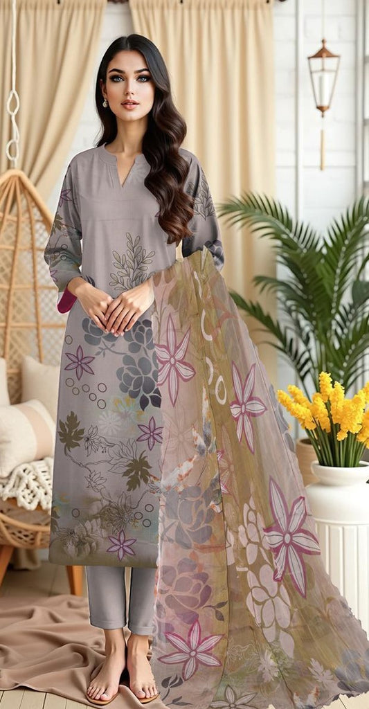 Baroque 3-Piece Viscose Suit – Ash Grey with Botanical Florals - Khoobsurat