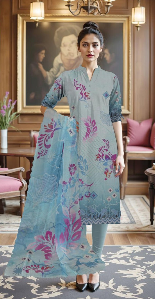 Baroque 3-Piece Viscose Suit – Sky Blue with Magenta Florals - Khoobsurat