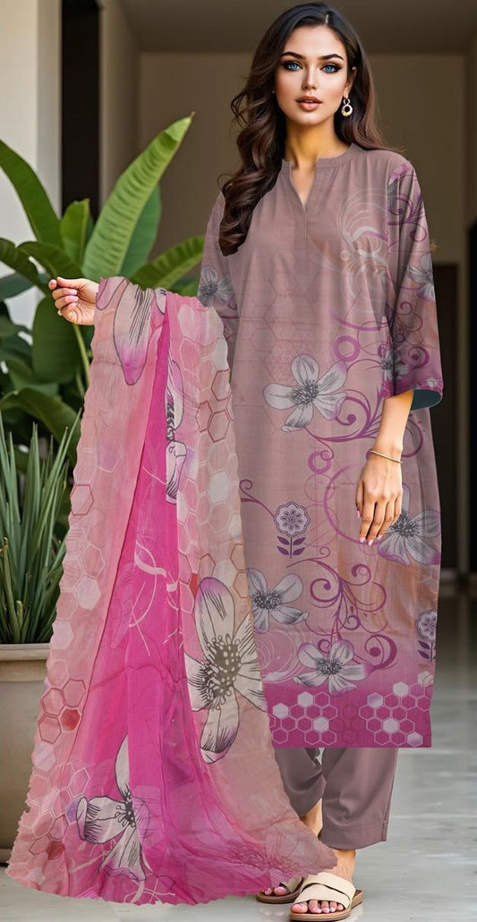 Baroque 3-Piece Viscose Suit – Dusty Mauve with Pink Floral Accents - Khoobsurat