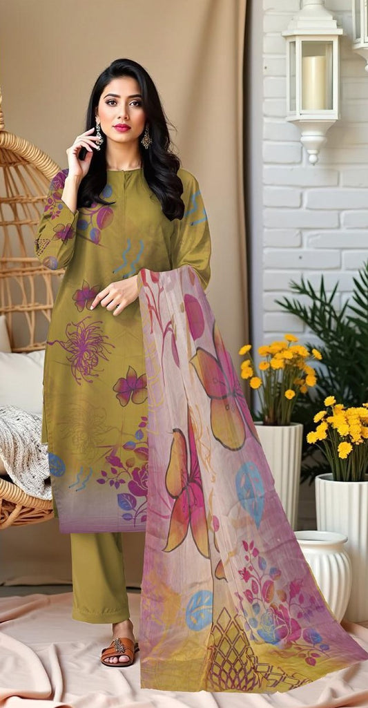Baroque 3-Piece Viscose Suit – Olive Green with Vibrant Florals - Khoobsurat