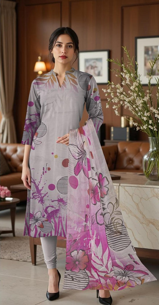 Baroque 3-Piece Viscose Suit – Grey with Abstract Magenta Accents - Khoobsurat