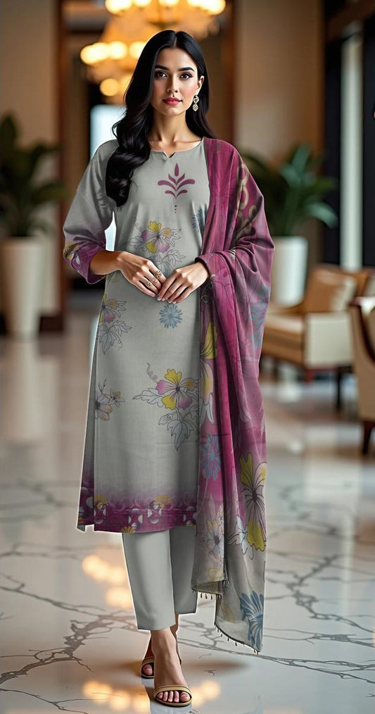 Baroque 3-Piece Viscose Suit – Grey with Magenta Floral Accents - Khoobsurat