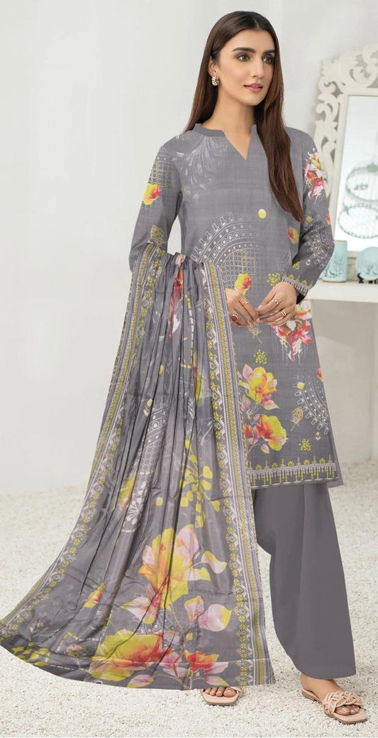 Sapphire 3-Piece Viscose Suit – Charcoal Grey with Yellow Florals - Khoobsurat