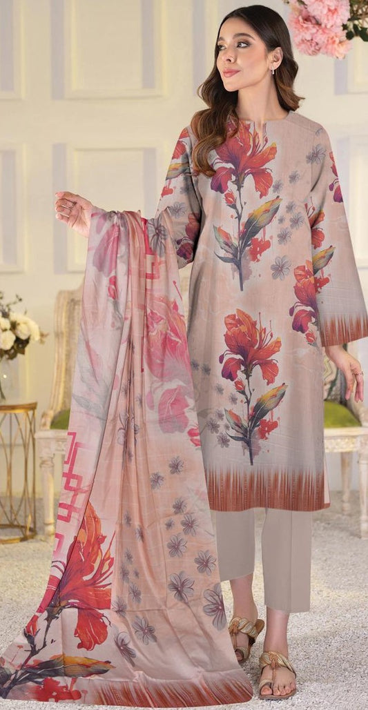 Sapphire 3-Piece Viscose Suit – Beige with Bold Florals - Khoobsurat