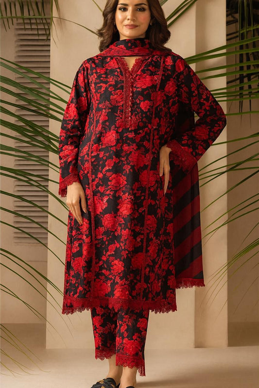 Baroque 3-Piece Linen Suit – Black & Red Floral with Lace Detailing - Khoobsurat